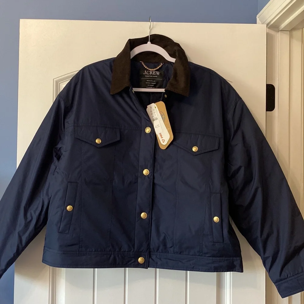 J. Crew Navy Quilted Bomber Jacket with Contrast Collar - Picture 6 of 13